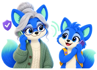 Two 3D cartoon foxes on a phone call: a grandmother fox with silver hair, round glasses and a green cardigan on the left, a fox cub with a yellow backpack on the right, sound waves between them and a purple shield with a white tick above her