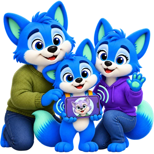 The Rilo mascot fox and his family, two grown-ups and a child, on a call with grandma