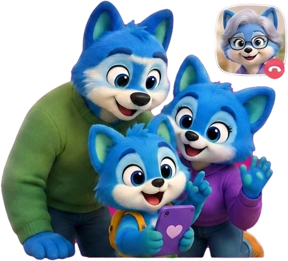 Rilo's family — two grown-ups and a child — on a video call with grandma