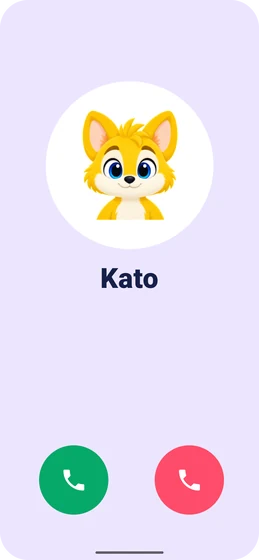 A phone ringing, showing one large round photo of a fox, the name Kato below it, and a green answer button beside a red decline button